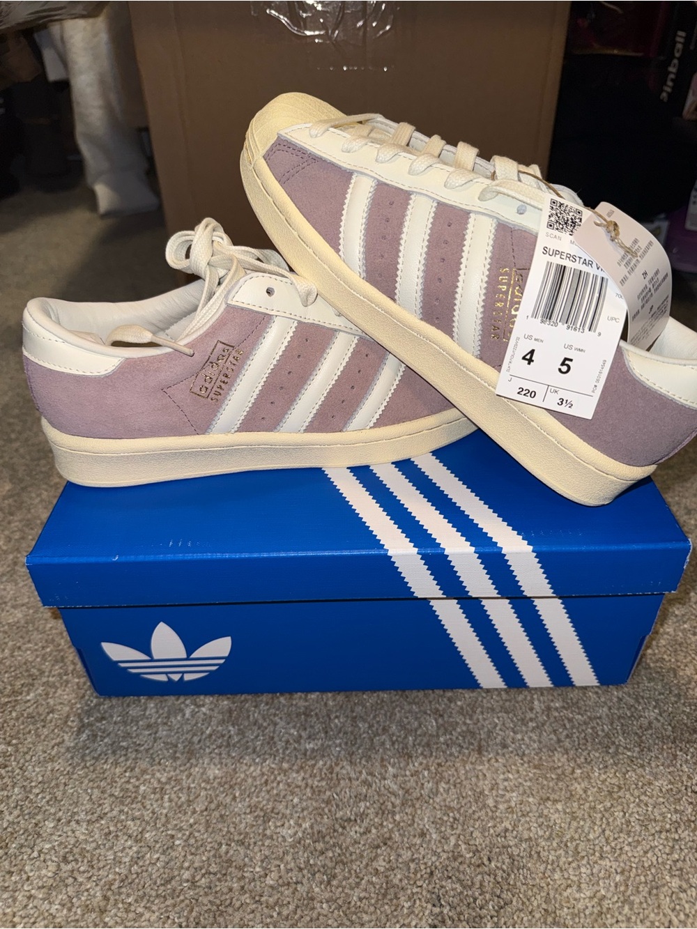 adidas Women’s Superstar Suede Sneakers in Lavender and White